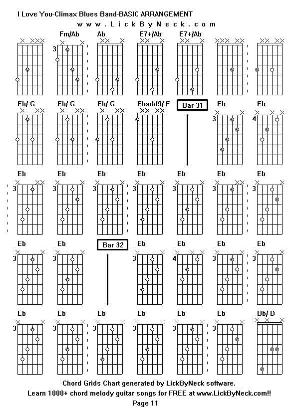 Chord Grids Chart of chord melody fingerstyle guitar song-I Love You-Climax Blues Band-BASIC ARRANGEMENT,generated by LickByNeck software.